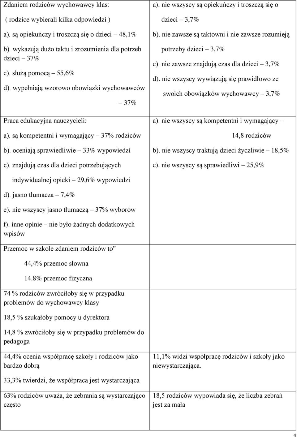 znajdują czas dla dzieci potrzebujących a). nie wszyscy są opiekuńczy i troszczą się o dzieci 3,7% b). nie zawsze są taktowni i nie zawsze rozumieją potrzeby dzieci 3,7% c).