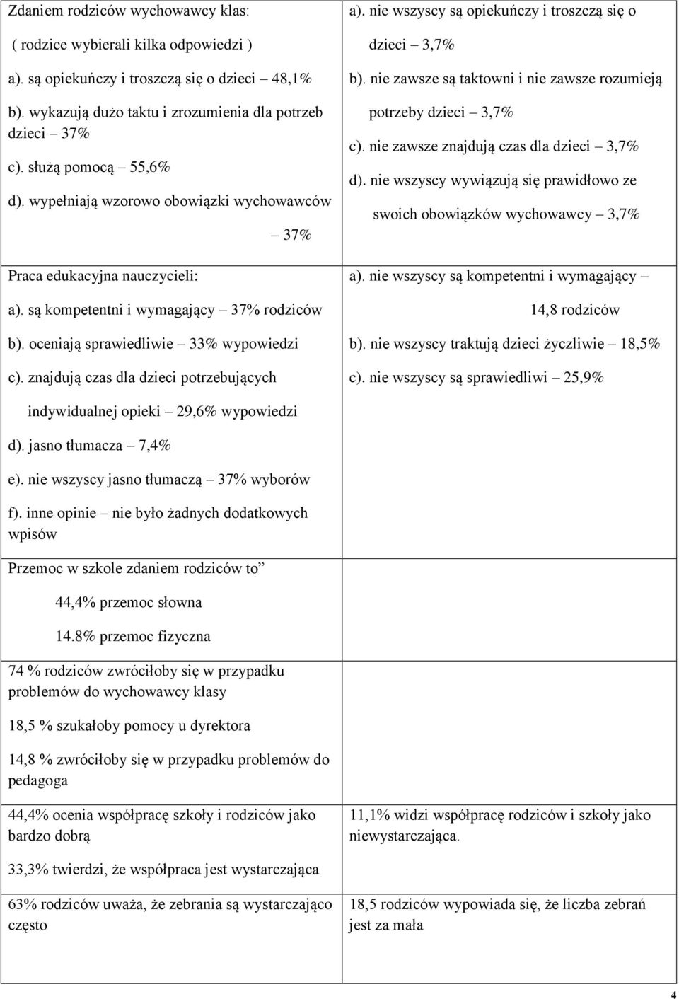 znajdują czas dla dzieci potrzebujących a). nie wszyscy są opiekuńczy i troszczą się o dzieci 3,7% b). nie zawsze są taktowni i nie zawsze rozumieją potrzeby dzieci 3,7% c).