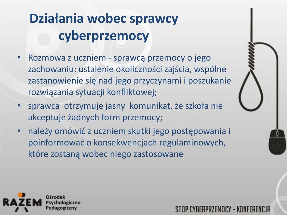 konfliktowej; sprawca otrzymuje jasny komunikat, że szkoła nie akceptuje żadnych form przemocy; należy omówić