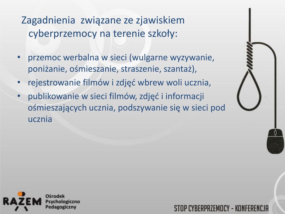 szantaż), rejestrowanie filmów i zdjęć wbrew woli ucznia, publikowanie w sieci