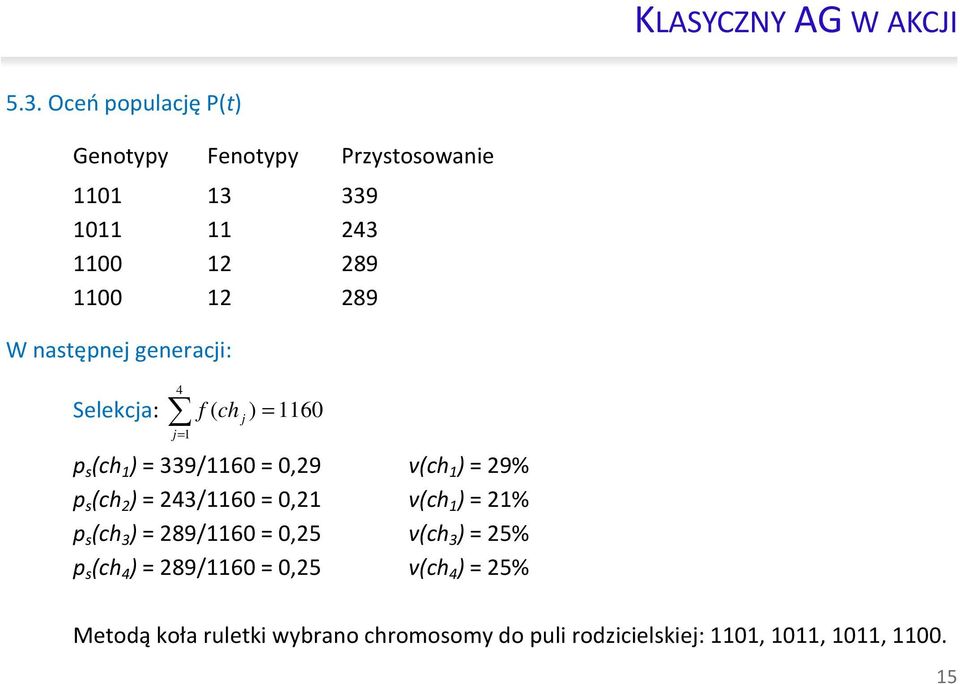 Selekcja: f ( ch j ) = 1160 j= 1 Przystosowane p s (ch 1 ) = 339/1160 = 0,9 v(ch 1 ) = 9% p s (ch ) =