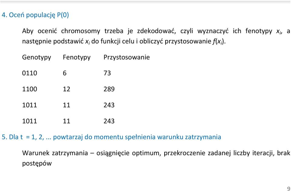 Genotypy Fenotypy Przystosowane 0110 6 73 1100 1 89 1011 11 43 1011 11 43 5. Dla t = 1,,.