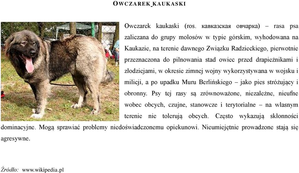 pilnowania stad owiec przed drapieżnikami i złodziejami, w okresie zimnej wojny wykorzystywana w wojsku i milicji, a po upadku Muru Berlińskiego jako pies stróżujący i