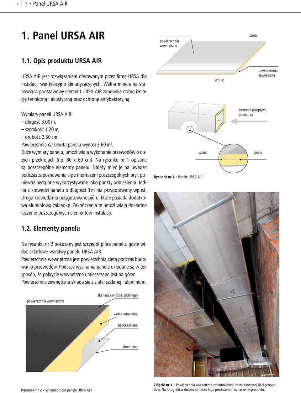 wpust powierzchnia zewnętrzna Wymiary paneli URSA AIR: długość,00 m, szerokość,0 m, grubość,50 cm. Powierzchnia całkowita panelu wynosi,60 m.