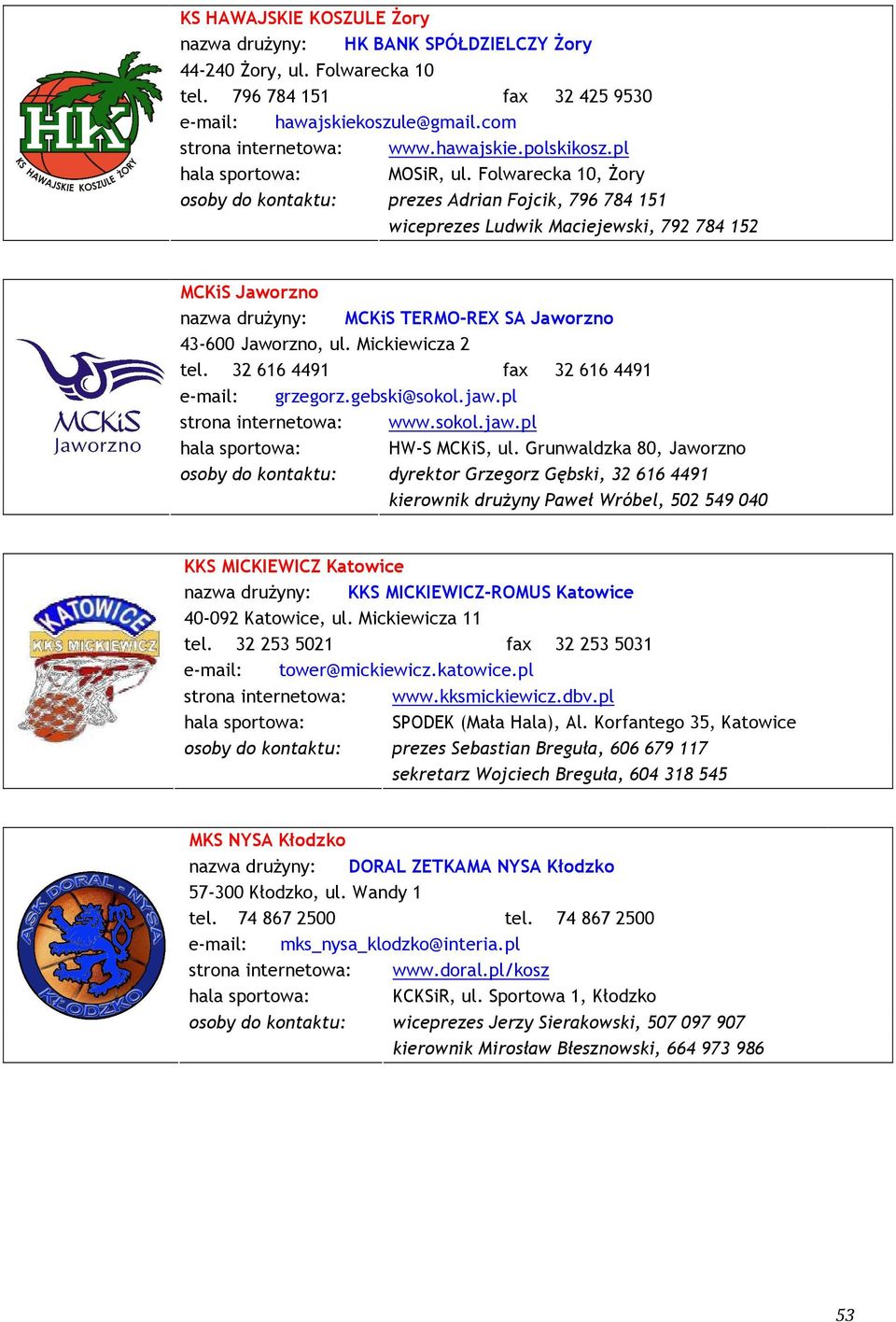 Folwarecka 10, śory osoby do kontaktu: prezes Adrian Fojcik, 796 784 151 wiceprezes Ludwik Maciejewski, 792 784 152 MCKiS Jaworzno nazwa druŝyny: MCKiS TERMO-REX SA Jaworzno 43-600 Jaworzno, ul.