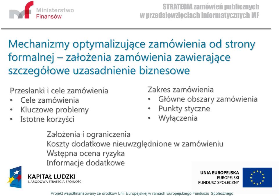 problemy Istotne korzyści Zakres zamówienia Główne obszary zamówienia Punkty styczne Wyłączenia