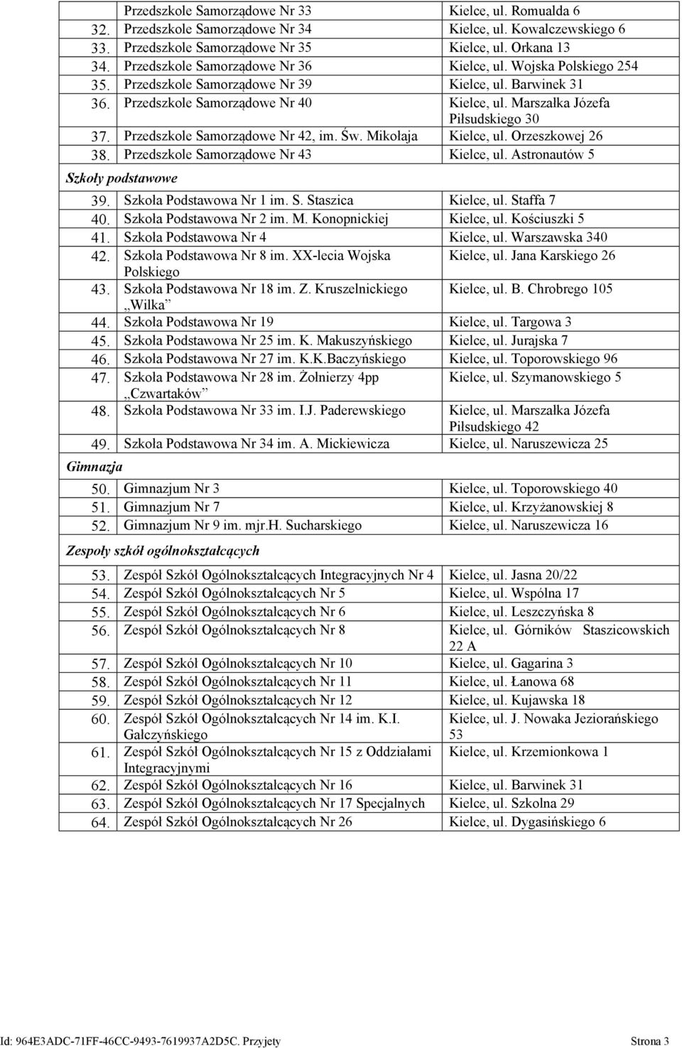 Marszałka Józefa Piłsudskiego 30 37. Przedszkole Samorządowe Nr 42, im. Św. Mikołaja Kielce, ul. Orzeszkowej 26 38. Przedszkole Samorządowe Nr 43 Kielce, ul. Astronautów 5 Szkoły podstawowe 39.