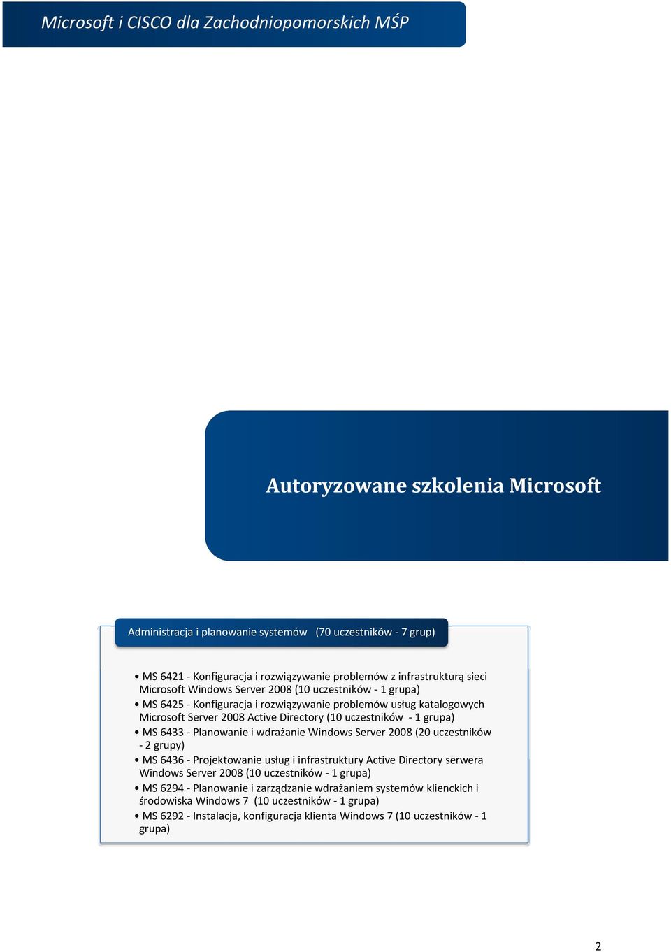 -Planowanie i wdrażanie Windows Server 2008 (20 uczestników -2 grupy) MS 6436 -Projektowanie usług i infrastruktury Active Directory serwera Windows Server 2008 (10 uczestników - 1