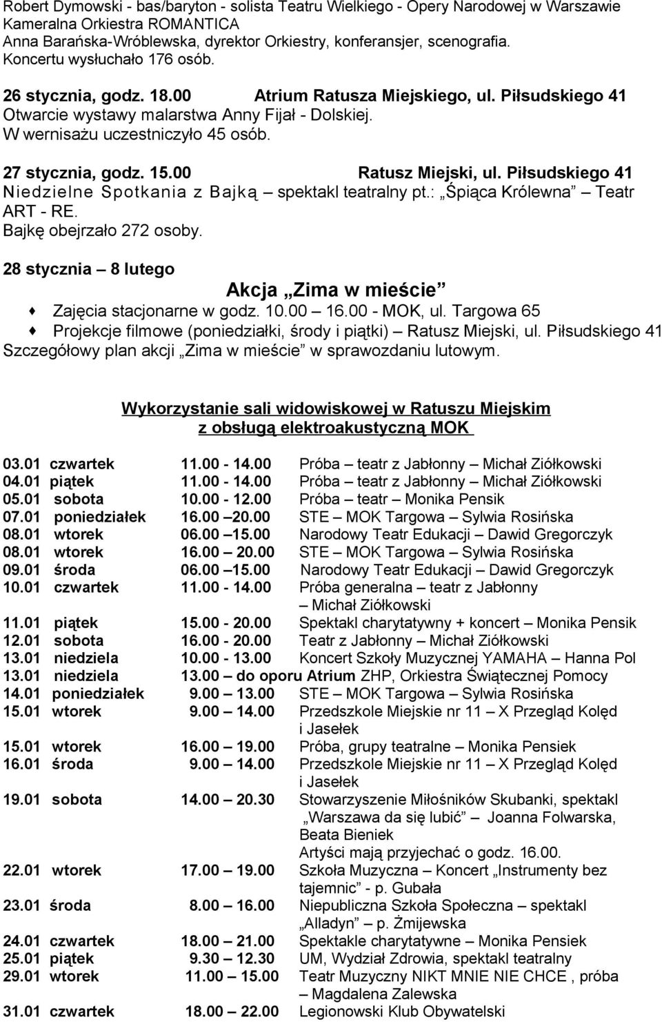 27 stycznia, godz. 15.00 Ratusz Miejski, ul. Piłsudskiego 41 Niedzielne Spotkania z Bajką spektakl teatralny pt.: Śpiąca Królewna Teatr ART - RE. Bajkę obejrzało 272 osoby.