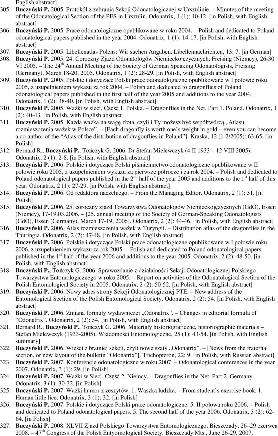 Polish and dedicated to Poland odonatological papers published in the year 2004. Odonatrix, 1 (1): 14-17. [in Polish, with English abstract] 307. Buczyński P. 2005.