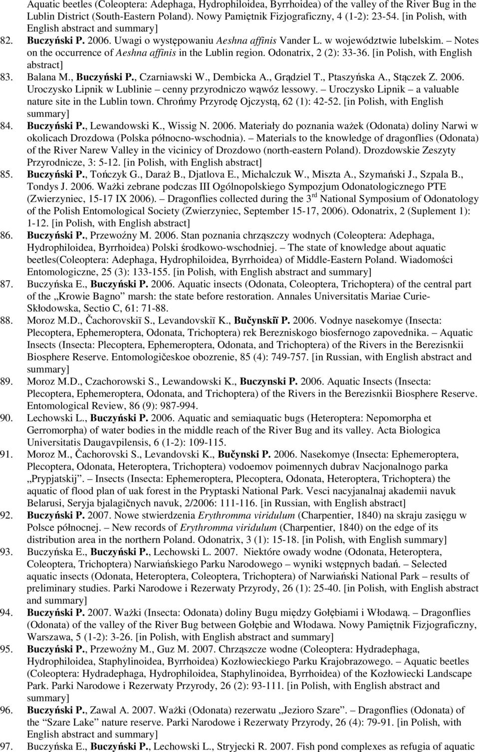Odonatrix, 2 (2): 33-36. [in Polish, with English abstract] 83. Balana M., Buczyński P., Czarniawski W., Dembicka A., Grądziel T., Ptaszyńska A., Stączek Z. 2006.