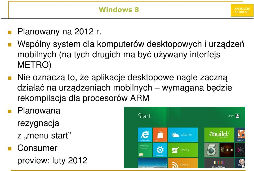 być używany interfejs METRO) Nie oznacza to, że aplikacje desktopowe nagle zaczną