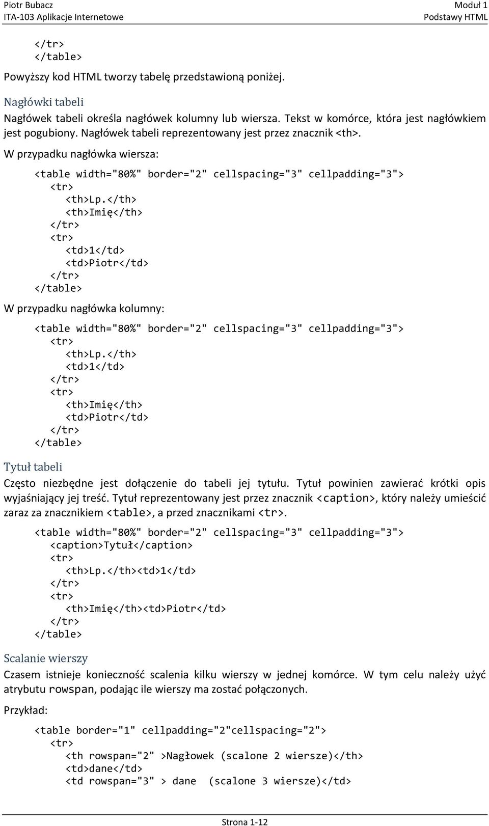</th> <th>imię</th> <td>1</td> <td>piotr</td> </table> W przypadku nagłówka kolumny: <table width="80%" border="2" cellspacing="3" cellpadding="3"> <th>lp.