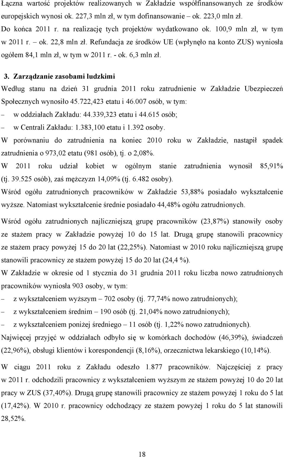 6,3 mln zł. 3. Zarządzanie zasobami ludzkimi Według stanu na dzień 31 grudnia 2011 roku zatrudnienie w Zakładzie Ubezpieczeń Społecznych wynosiło 45.722,423 etatu i 46.