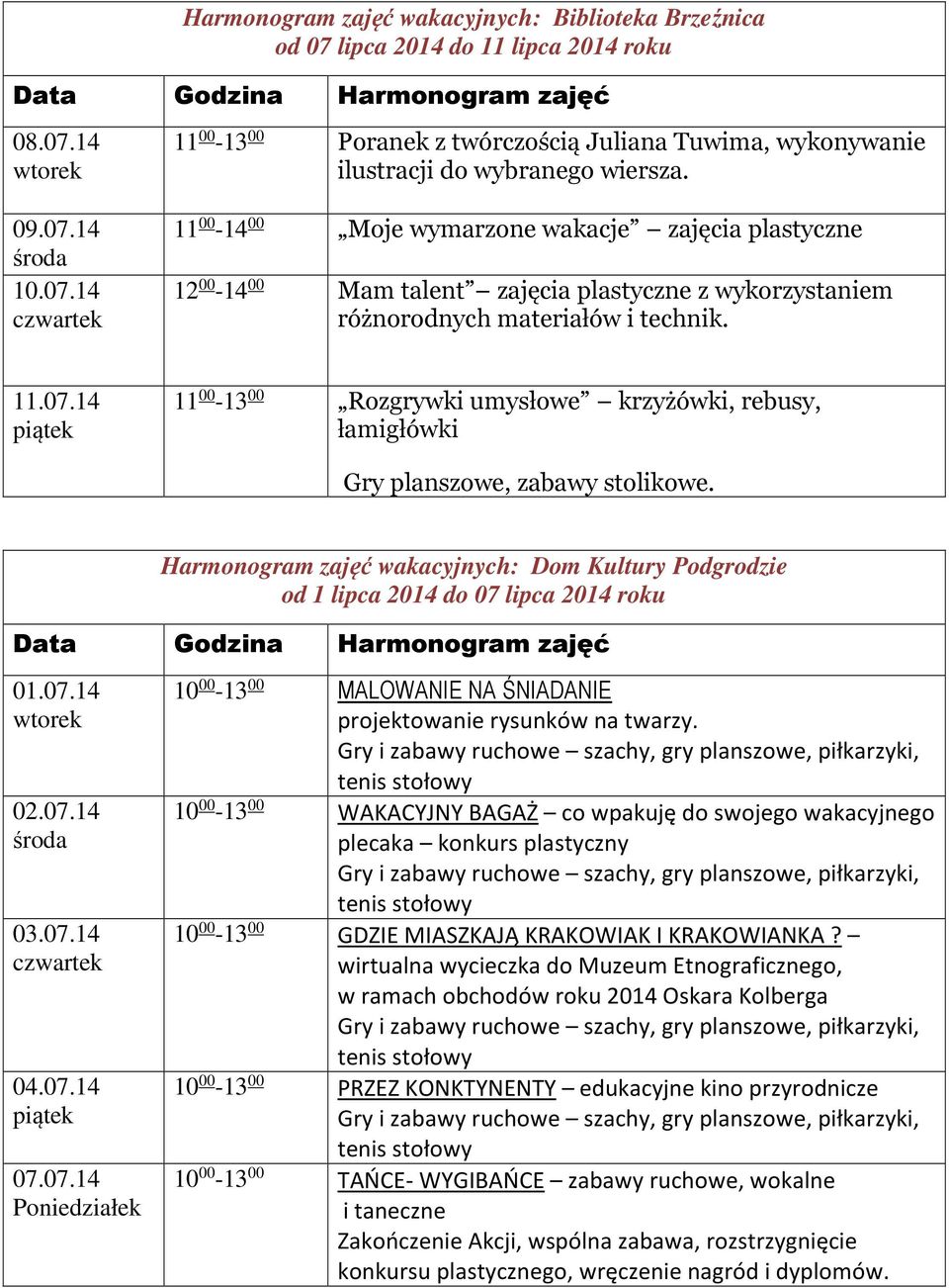 11 00-13 00 Rozgrywki umysłowe krzyżówki, rebusy, łamigłówki Gry planszowe, zabawy stolikowe. Harmonogram zajęć wakacyjnych: Dom Kultury Podgrodzie od 1 lipca 2014 do 07 lipca 2014 roku 01.07.14 02.