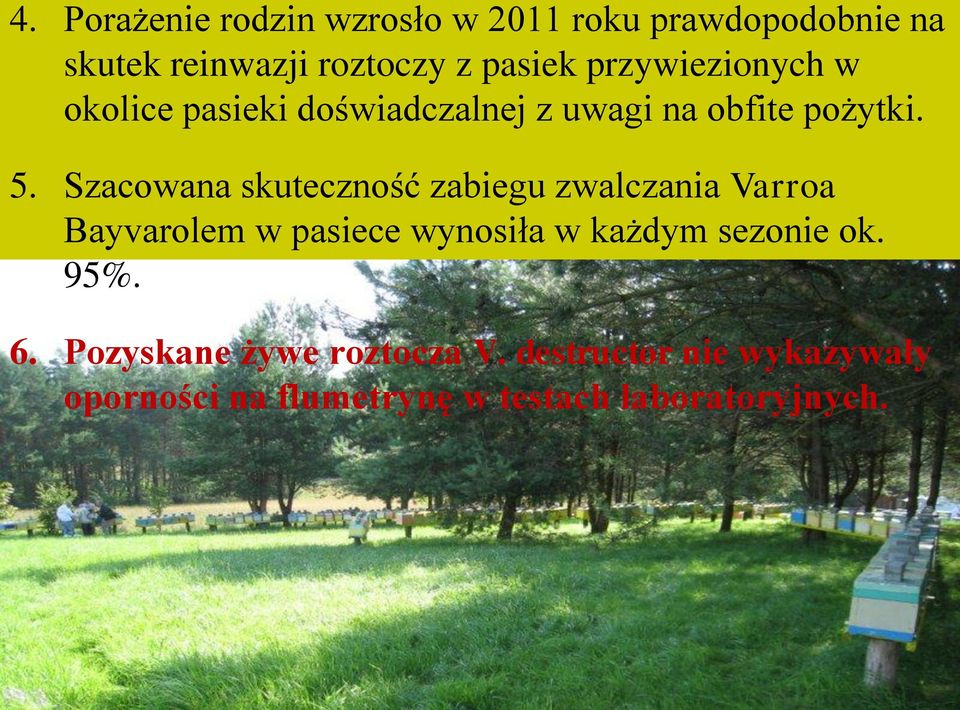 Szacowana skuteczność zabiegu zwalczania Varroa Bayvarolem w pasiece wynosiła w każdym sezonie
