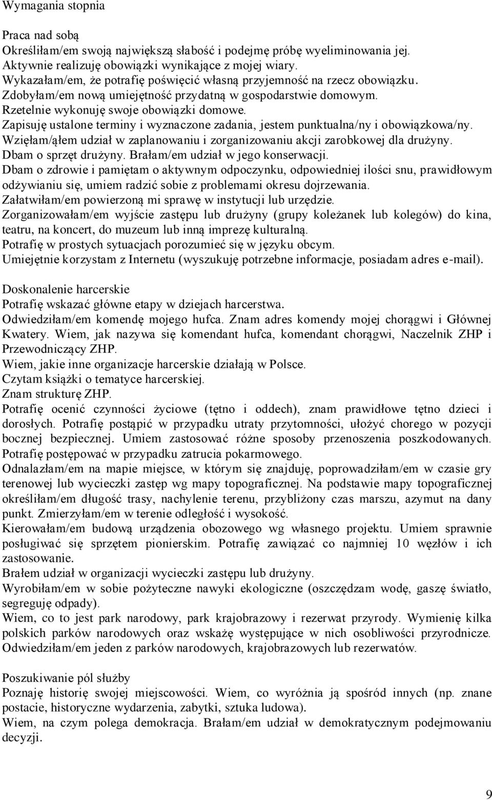 Zapisuję ustalone terminy i wyznaczone zadania, jestem punktualna/ny i obowiązkowa/ny. Wzięłam/ąłem udział w zaplanowaniu i zorganizowaniu akcji zarobkowej dla drużyny. Dbam o sprzęt drużyny.