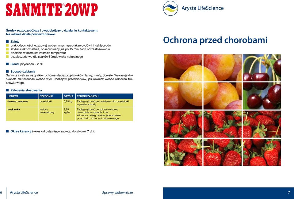 bezpieczeństwo dla ssaków i środowiska naturalnego Ochrona przed chorobami Skład: pirydaben 20% Sposób działania Sanmite zwalcza wszystkie ruchome stadia przędziorków: larwy, nimfy, dorosłe.