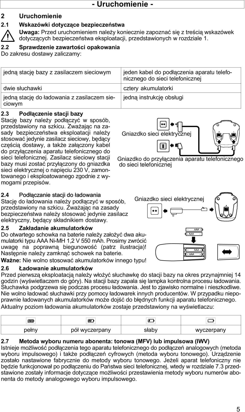 2 Sprawdzenie zawartości opakowania Do zakresu dostawy zaliczamy: jedną stację bazy z zasilaczem sieciowym dwie słuchawki jedną stację do ładowania z zasilaczem sieciowym 2.