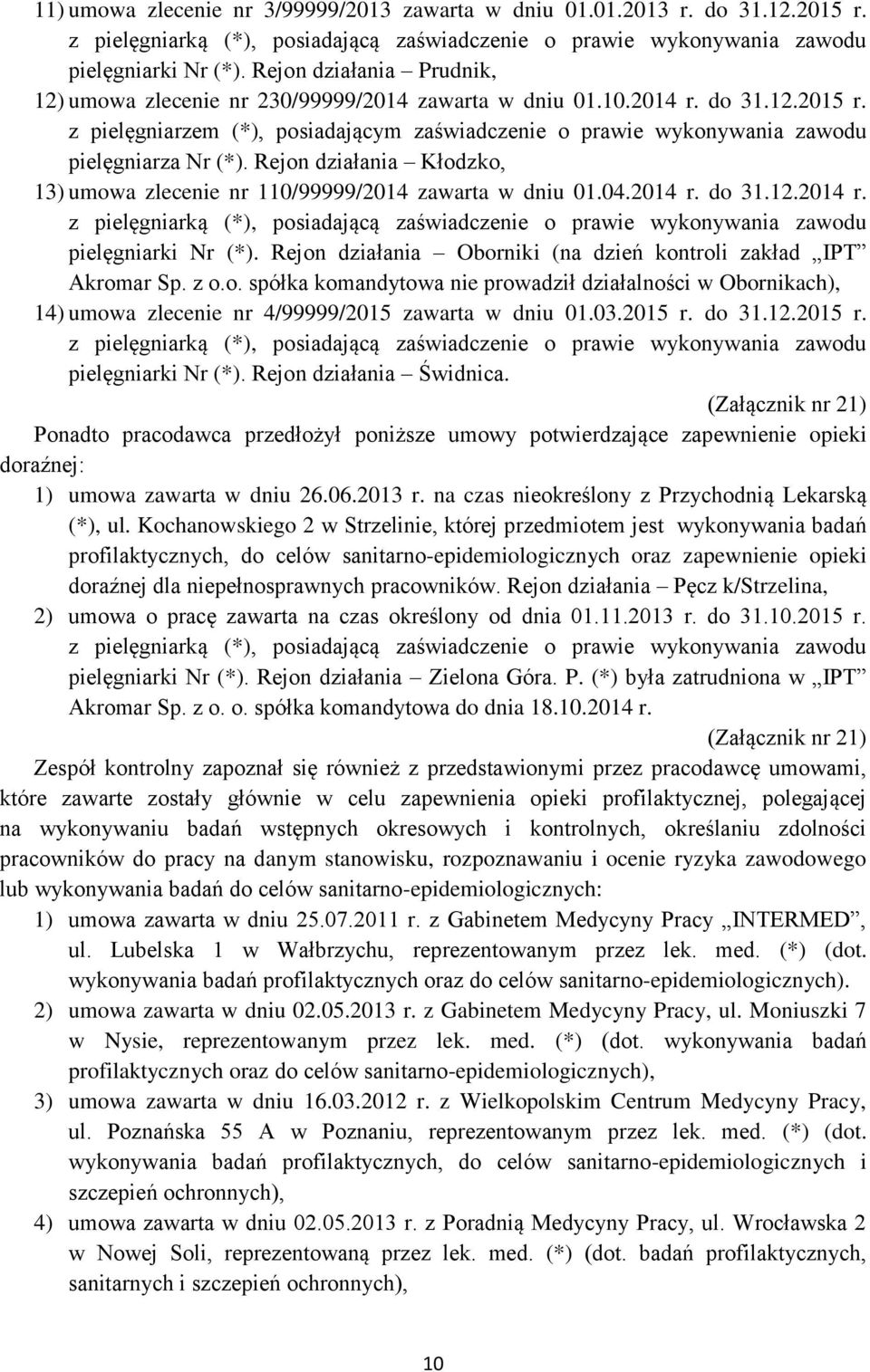 o. spółka komandytowa nie prowadził działalności w Obornikach), 14) umowa zlecenie nr 4/99999/2015 zawarta w dniu 01.03.2015 r. do 31.12.2015 r. pielęgniarki Nr (*). Rejon działania Świdnica.