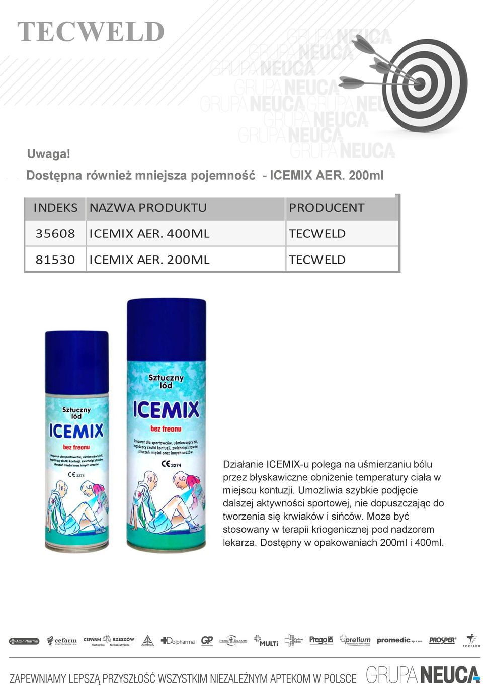 200ML TECWELD Działanie ICEMIX-u polega na uśmierzaniu bólu przez błyskawiczne obniżenie temperatury ciała w miejscu