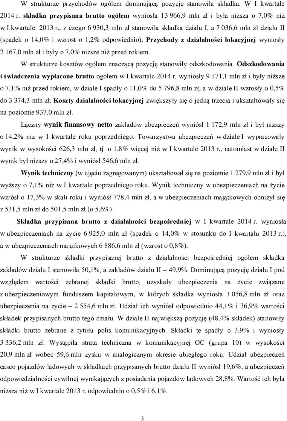 Przychody z działalności lokacyjnej wyniosły 2 167,0 mln zł i były o 7,0% niższe niż przed rokiem. W strukturze kosztów ogółem znaczącą pozycję stanowiły odszkodowania.