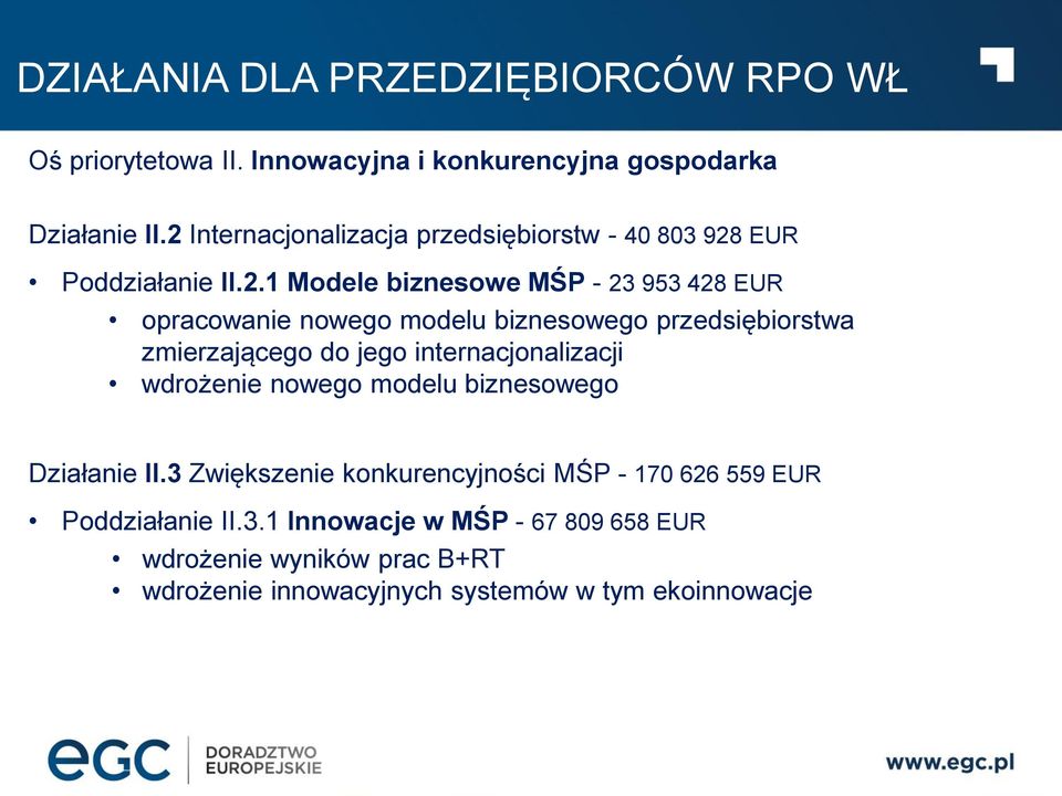 biznesowego przedsiębiorstwa zmierzającego do jego internacjonalizacji wdrożenie nowego modelu biznesowego Działanie II.