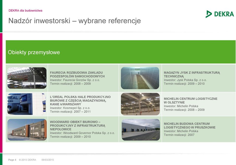2011 MICHELIN CENTRUM LOGISTYCZNE W OLSZTYNIE WOODWARD OBIEKT BIUROWO PRODUKCYJNY Z INFRASTRUKTURĄ NIEPOŁOMICE Inwestor