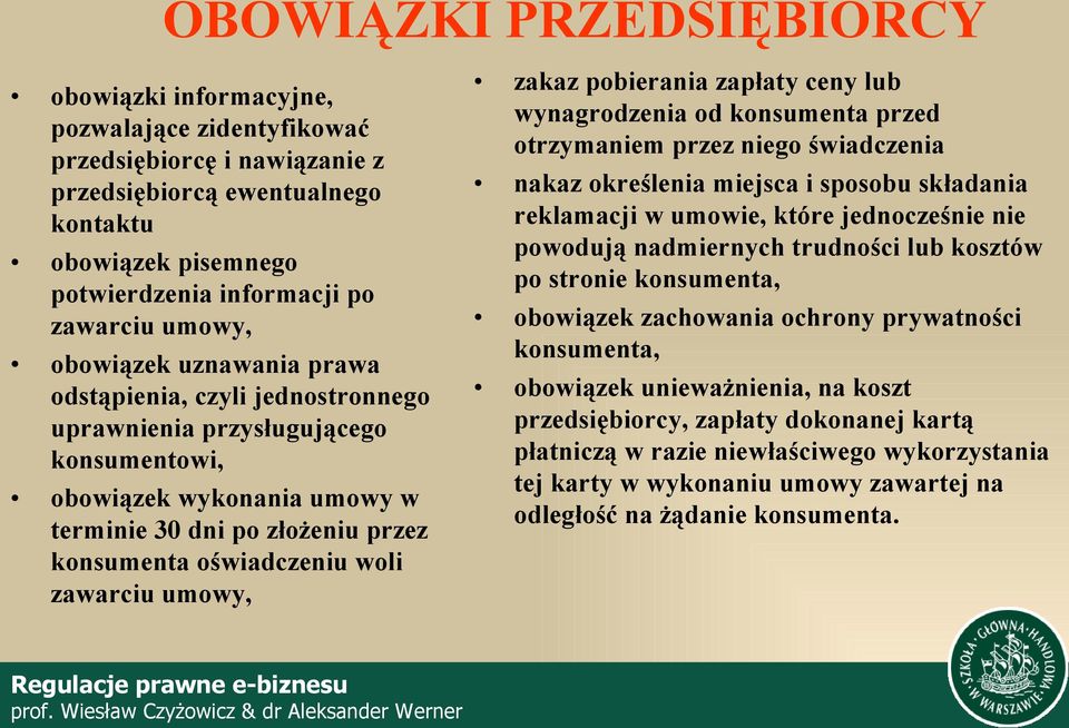 zawarciu umowy, zakaz pobierania zapłaty ceny lub wynagrodzenia od konsumenta przed otrzymaniem przez niego świadczenia nakaz określenia miejsca i sposobu składania reklamacji w umowie, które