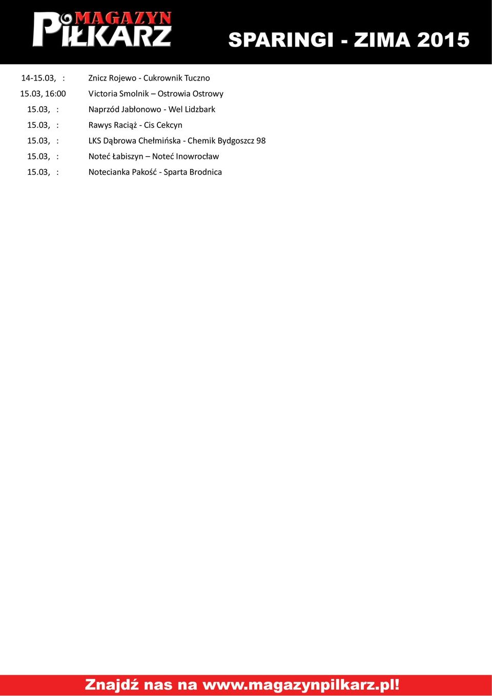 03, : Naprzód Jabłonowo - Wel Lidzbark 15.03, : Rawys Raciąż - Cis Cekcyn 15.