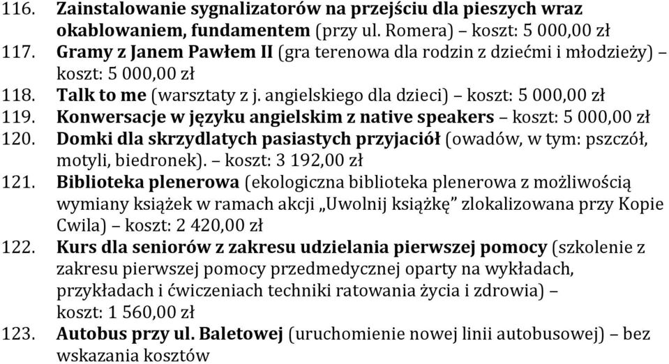 Konwersacje w języku angielskim z native speakers koszt: 5 000,00 zł 120. Domki dla skrzydlatych pasiastych przyjaciół (owadów, w tym: pszczół, motyli, biedronek). koszt: 3 192,00 zł 121.