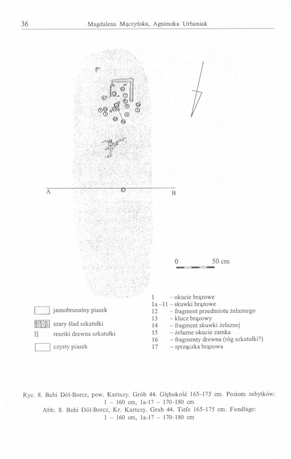 fragmenty drewna (róg szkatułki?) 17 - sprzączka brązowa Ryc. 8. Babi Dół-Borcz, pow. Kartuzy. Grób 44. Głębokość 165-175 cm.