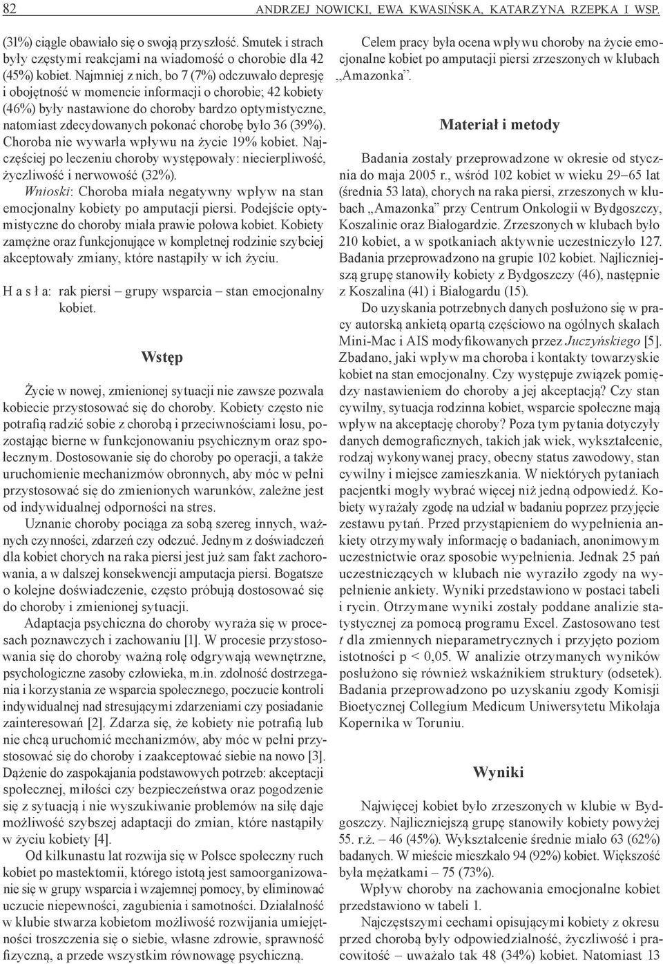 było 36 (39%). Choroba nie wywarła wpływu na życie 19% kobiet. Najczęściej po leczeniu choroby występowały: niecierpliwość, życzliwość i nerwowość (32%).