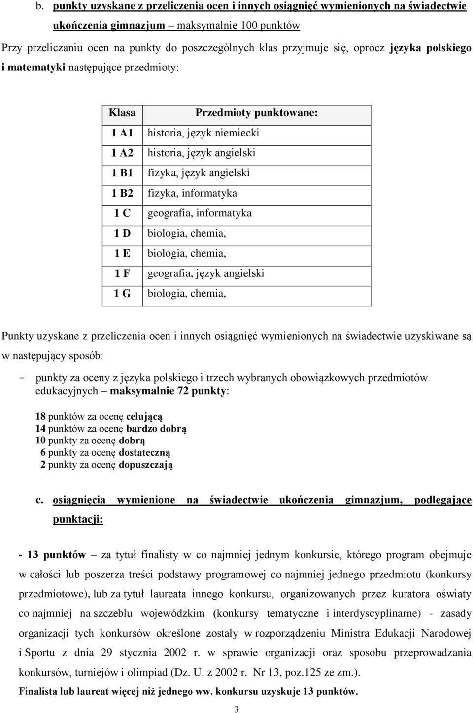 informatyka 1 C geografia, informatyka 1 D biologia, chemia, 1 E biologia, chemia, 1 F geografia, język angielski 1 G biologia, chemia, Punkty uzyskane z przeliczenia ocen i innych osiągnięć