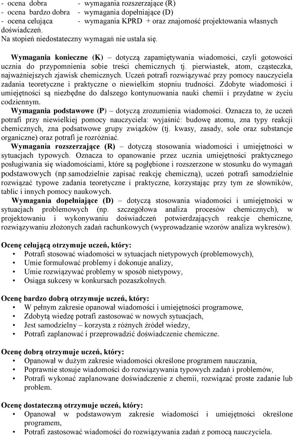 pierwiastek, atom, cząsteczka, najważniejszych zjawisk chemicznych. Uczeń potrafi rozwiązywać przy pomocy nauczyciela zadania teoretyczne i praktyczne o niewielkim stopniu trudności.