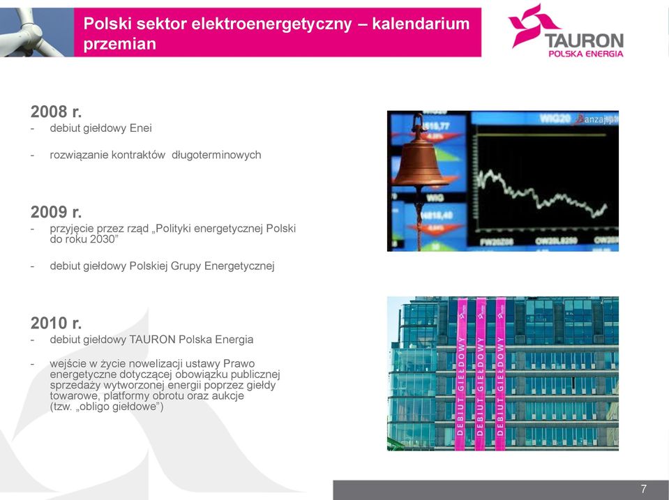 - przyjęcie przez rząd Polityki energetycznej Polski do roku 2030 - debiut giełdowy Polskiej Grupy Energetycznej 2010 r.