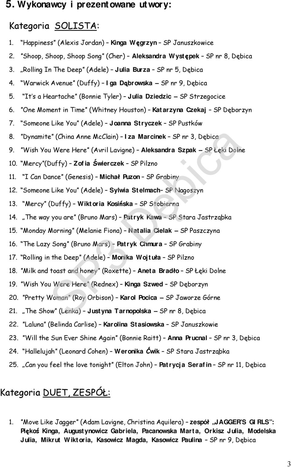 One Moment in Time (Whitney Houston) Katarzyna Czekaj SP Dęborzyn 7. Someone Like You (Adele) Joanna Stryczek SP Pustków 8. Dynamite (China Anne McClain) Iza Marcinek SP nr 3, Dębica 9.