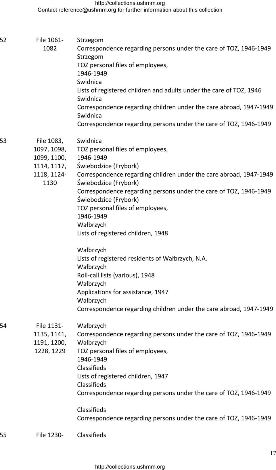 regarding children under the care abroad, 1947 1949 Świebodzice (Frybork) Świebodzice (Frybork) TOZ personal files of employees, 1946 1949 Wałbrzych Lists of registered children, 1948 Wałbrzych Lists