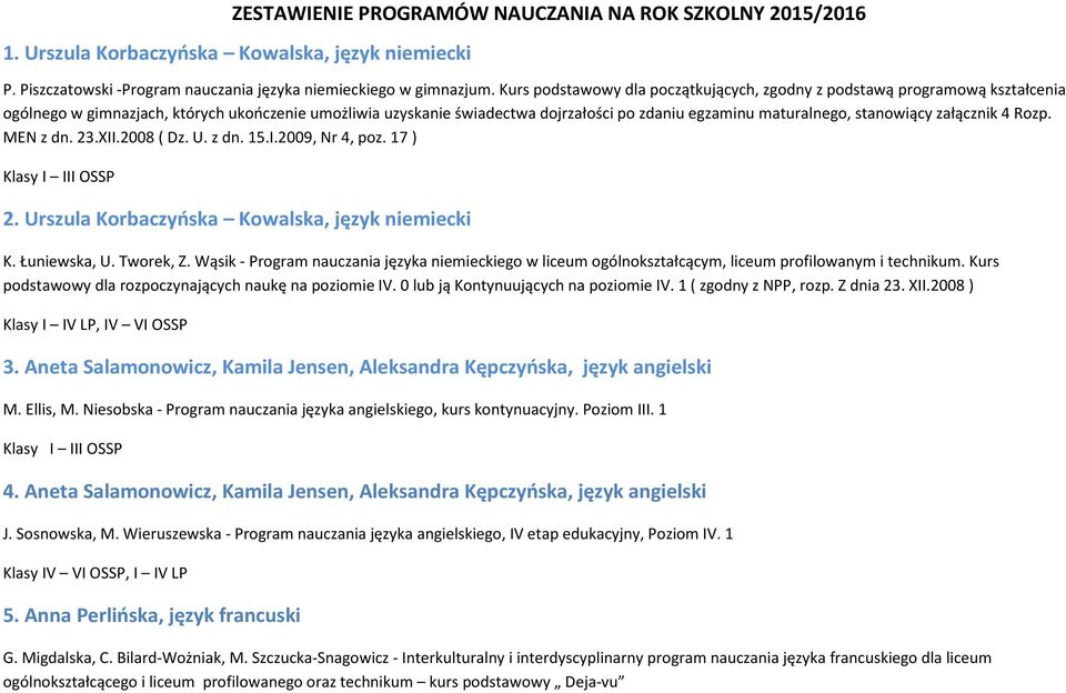 stanowiący załącznik 4 Rozp. MEN z dn. 23.XII.2008 ( Dz. U. z dn. 15.I.2009, Nr 4, poz. 17 ) 2. Urszula Korbaczyńska Kowalska, język niemiecki K. Łuniewska, U. Tworek, Z.