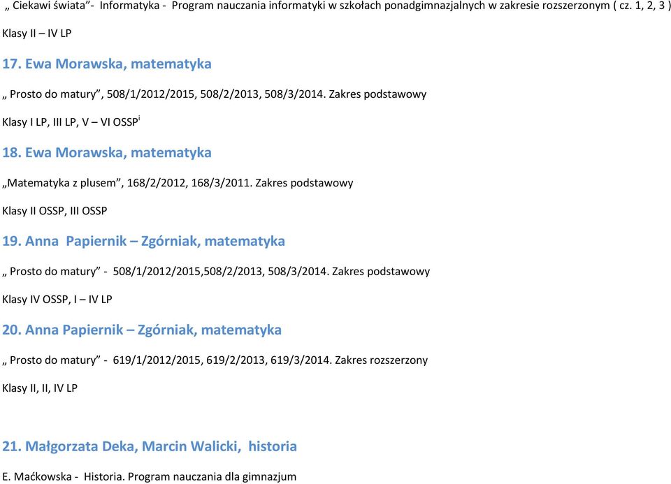 Ewa Morawska, matematyka Matematyka z plusem, 168/2/2012, 168/3/2011. Zakres podstawowy Klasy II OSSP, III OSSP 19.