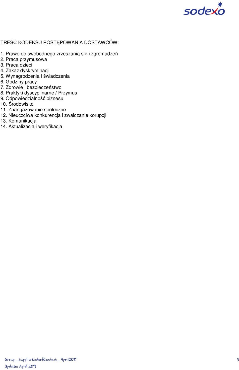 Praktyki dyscyplinarne / Przymus 9. Odpowiedzialność biznesu 10. Środowisko 11. ZaangaŜowanie społeczne 12.