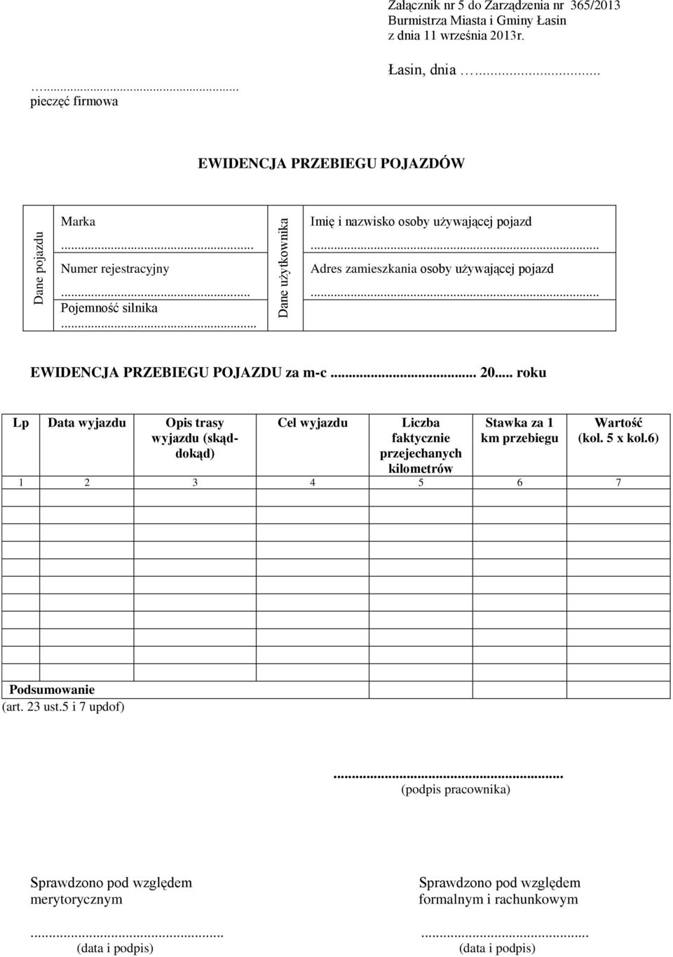 .. roku Lp Data wyjazdu Opis trasy wyjazdu (skąddokąd) Cel wyjazdu Liczba faktycznie przejechanych kilometrów Stawka za 1 km przebiegu Wartość (kol. 5 x kol.