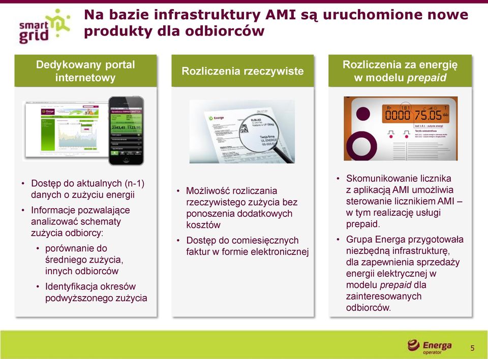 rozliczania rzeczywistego zużycia bez ponoszenia dodatkowych kosztów Dostęp do comiesięcznych faktur w formie elektronicznej Skomunikowanie licznika z aplikacją AMI umożliwia sterowanie