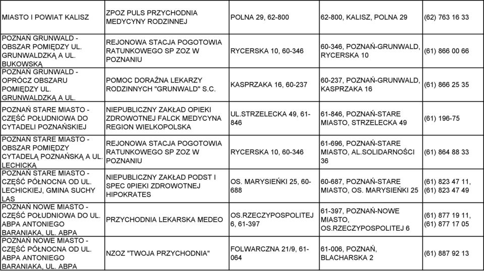 LECHICKIEJ, GMINA SUCHY LAS POZNAŃ NOWE MIASTO - CZĘŚĆ POŁUDNIOWA DO UL. ABPA ANTONIEGO BARANIAKA, UL. ABPA POZNAŃ NOWE MIASTO - CZĘŚĆ PÓŁNOCNA OD UL. ABPA ANTONIEGO BARANIAKA, UL. ABPA POMOC DORAŹNA LEKARZY RODZINNYCH "GRUNWALD" S.