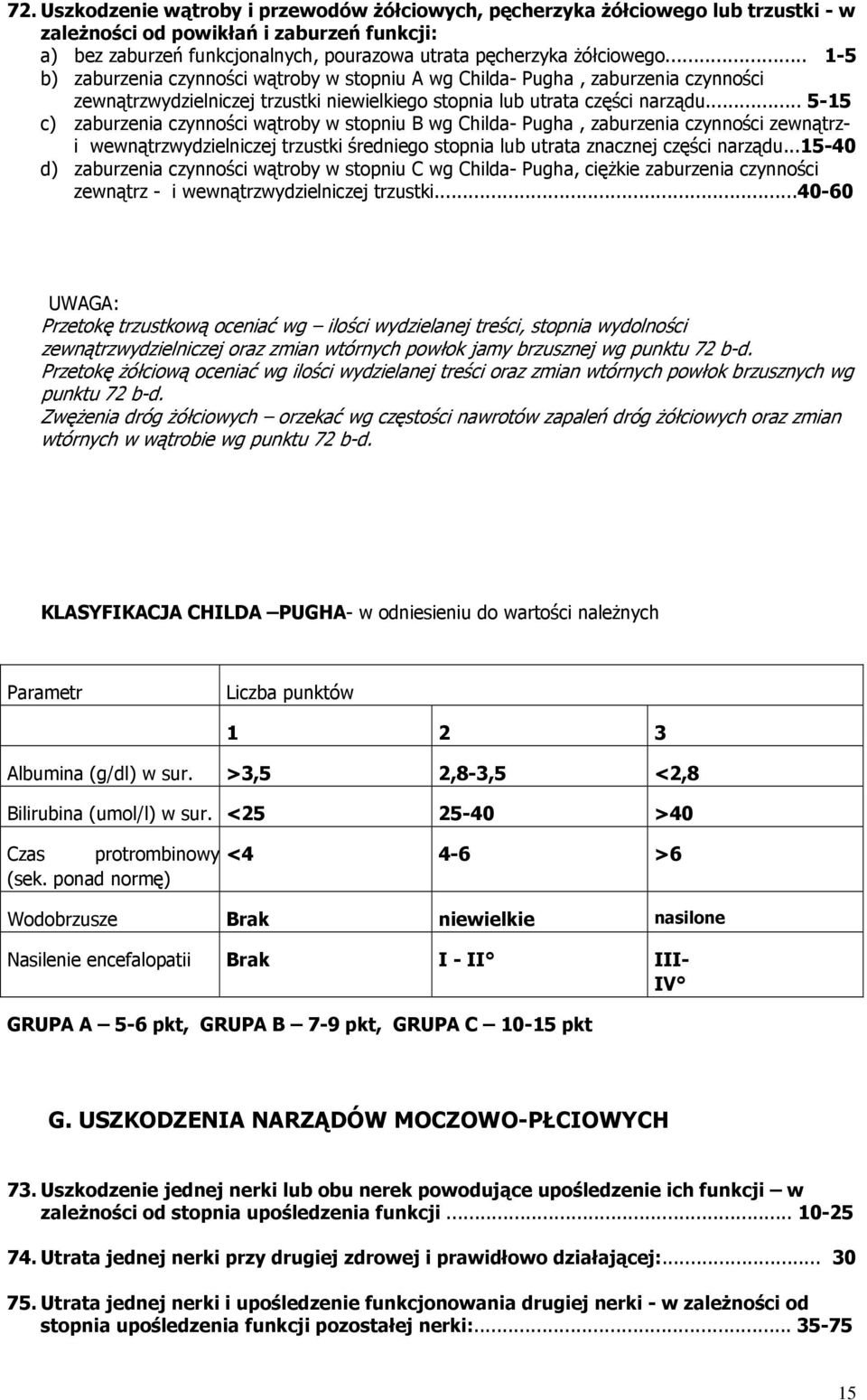 .. 5-15 c) zaburzenia czynności wątroby w stopniu B wg Childa- Pugha, zaburzenia czynności zewnątrzi wewnątrzwydzielniczej trzustki średniego stopnia lub utrata znacznej części narządu.