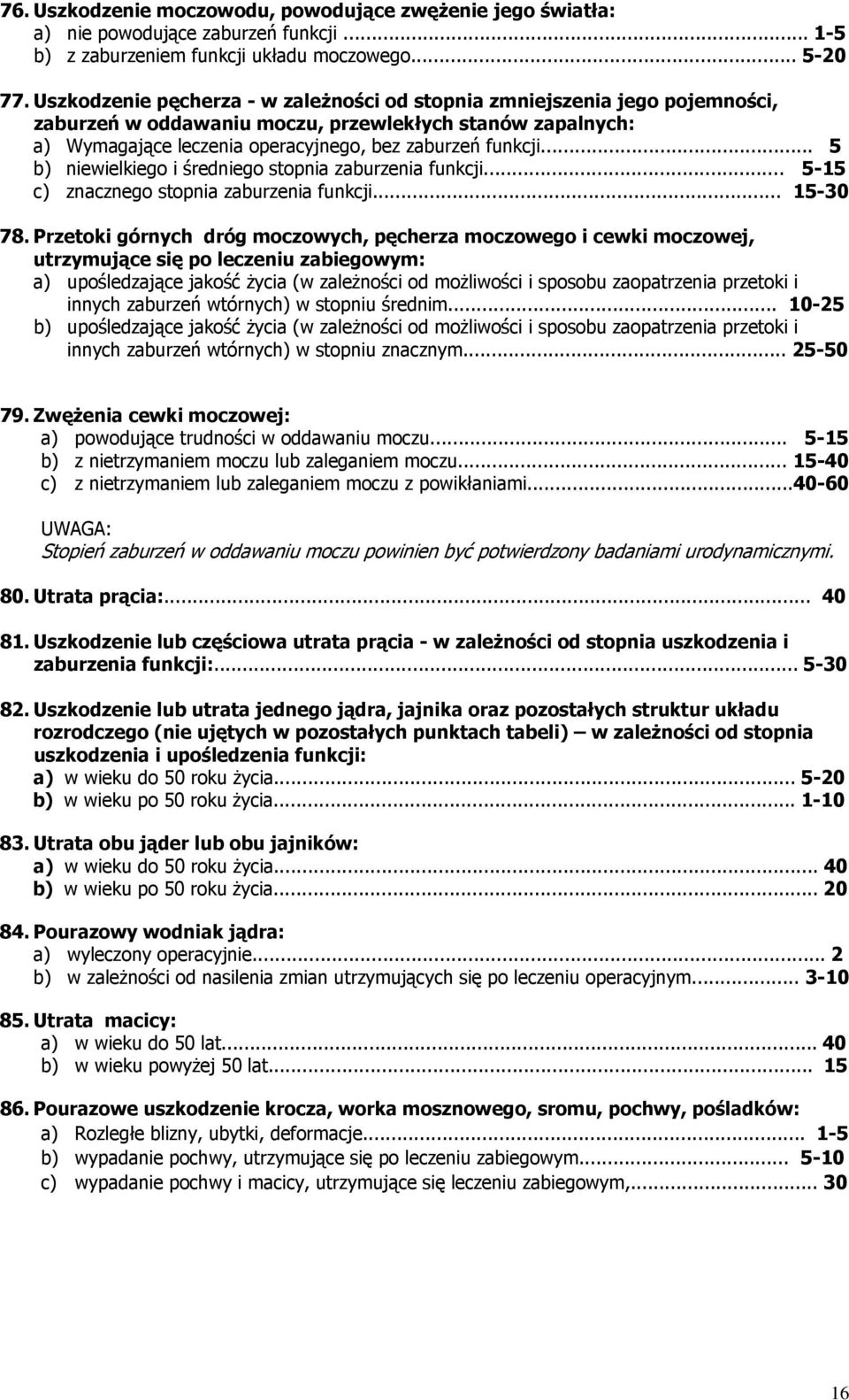 .. 5 b) niewielkiego i średniego stopnia zaburzenia funkcji... 5-15 c) znacznego stopnia zaburzenia funkcji... 15-30 78.