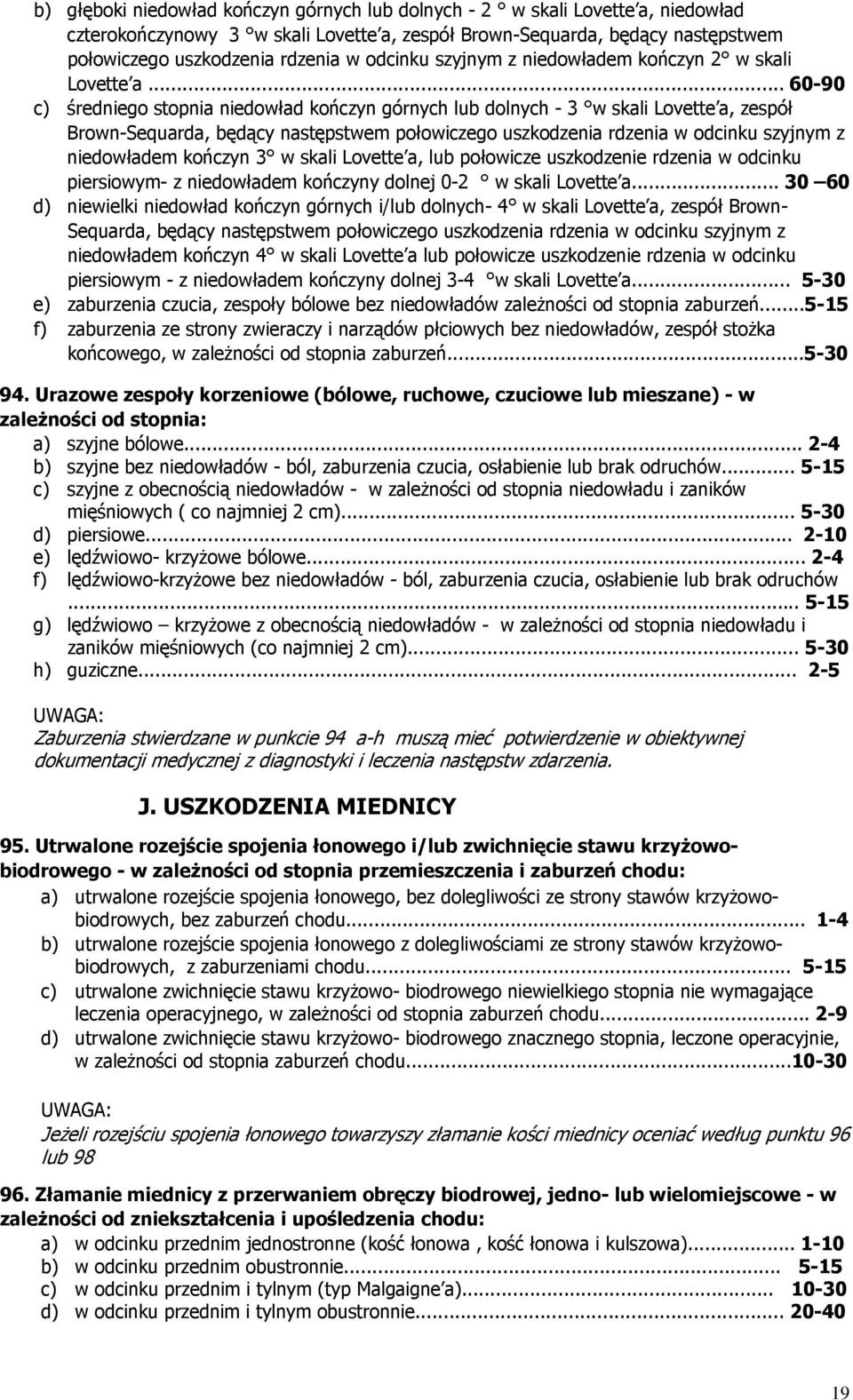 .. 60-90 c) średniego stopnia niedowład kończyn górnych lub dolnych - 3 w skali Lovette a, zespół Brown-Sequarda, będący następstwem połowiczego uszkodzenia rdzenia w odcinku szyjnym z niedowładem
