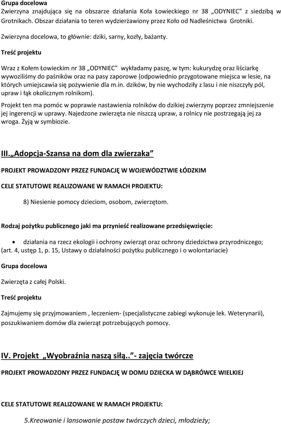 Treść projektu Wraz z Kołem Łowieckim nr 38 ODYNIEC wykładamy paszę, w tym: kukurydzę oraz liściarkę wywoziliśmy do paśników oraz na pasy zaporowe (odpowiednio przygotowane miejsca w lesie, na