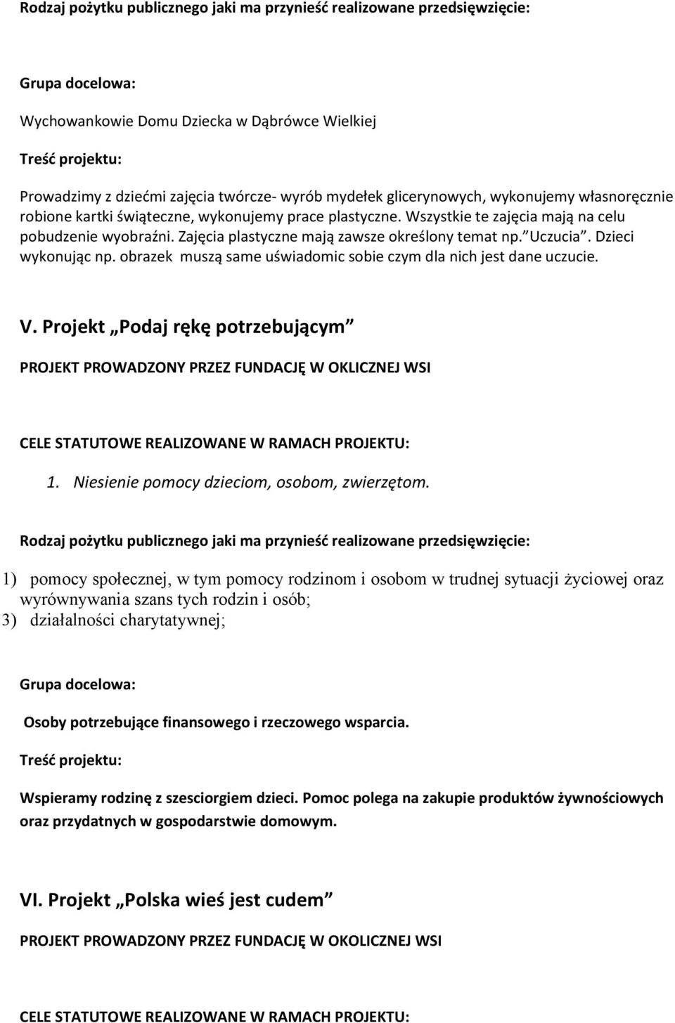 obrazek muszą same uświadomic sobie czym dla nich jest dane uczucie. V. Projekt Podaj rękę potrzebującym PROJEKT PROWADZONY PRZEZ FUNDACJĘ W OKLICZNEJ WSI 1.