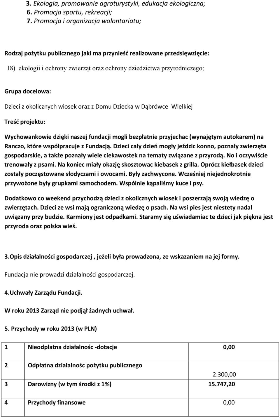 projektu: Wychowankowie dzięki naszej fundacji mogli bezpłatnie przyjechac (wynajętym autokarem) na Ranczo, które współpracuje z Fundacją.